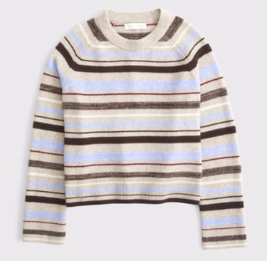 Women's crew neck horizontal striped knit sweater with neutral and light blue tones from abercrombie