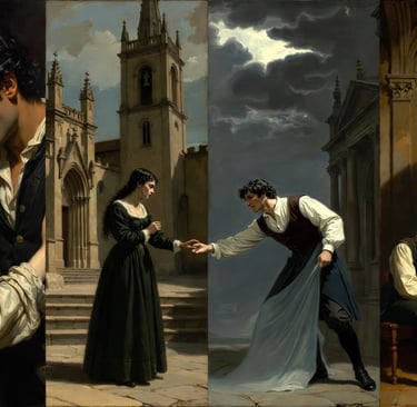 Four-panel classical painting of the Lovers of Teruel in romantic and tragic poses
