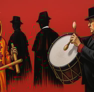 El Colacho in yellow costume and mask on the left, Atabalero in black playing drum on the right