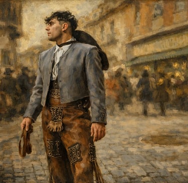 Oil-style portrait of a vaquillero in traditional dress standing on a cobbled street during La Vaquilla festival.