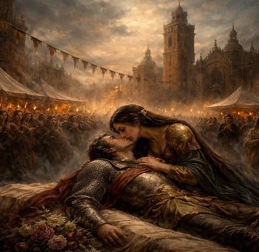 Medieval lovers embrace in a torchlit Teruel plaza, mourners gathered beneath towering church spires at dusk.