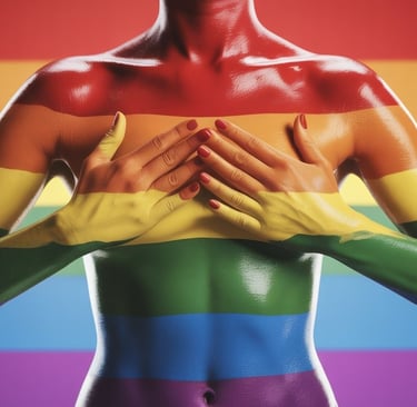 a person wearing rainbow paint across their body