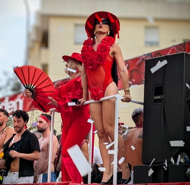a woman in a red dress and a man in a red dress