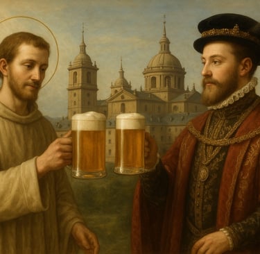 Saint Lawrence and King Philip II toasting with beer before El Escorial, Renaissance-style painting