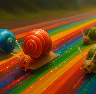 A colorful scene featuring four snails on a vibrant, striped surface. The snails are depicted in var
