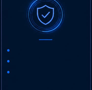 A neon blue shield icon with a checkmark representing cybersecurity data protection on a dark background.