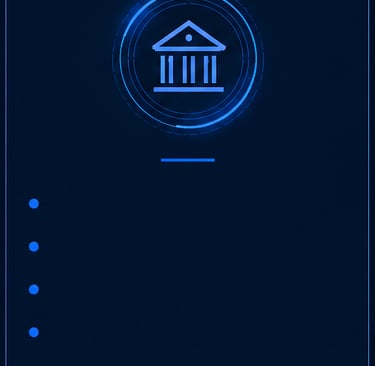 Digital banking icon with a blue bank building graphic on a dark futuristic background.