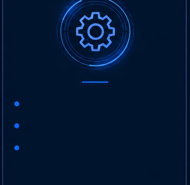 Digital blue gear icon on a dark background with interface elements for technology and settings.