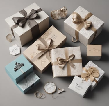 Elegant collection of luxury gift boxes wrapped in neutral and blue paper with satin ribbons and bows.