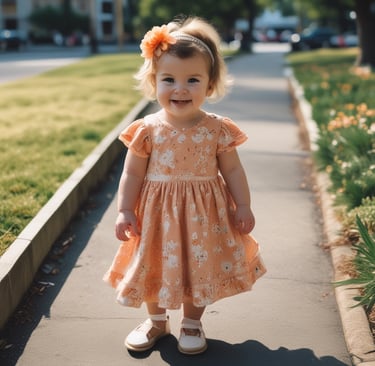 A little girl in a soft pink dress holding a balloon in a garden full of flowers