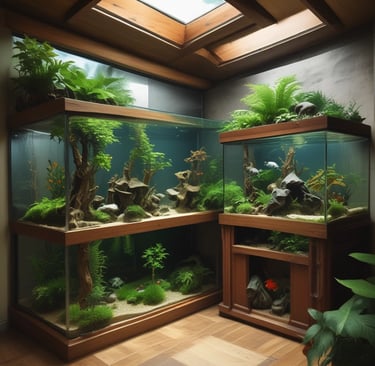 Close-up of hands assembling a small terrarium with soil, plants, and tiny figurines inside a glass container.