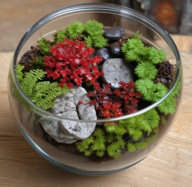 A cozy terrarium kit with moss, small plants, and decorative stones arranged neatly on a wooden table.