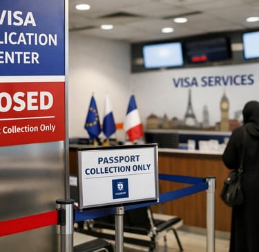 A closed visa application center sign with a person waiting for passport collection services.