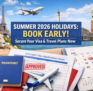 Approved Schengen visa application form with a passport, travel calendar, and European landmarks for 2026 holidays.
