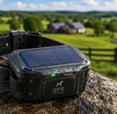 Solar-powered GPS dog collar with rugged weatherproof design for virtual fencing on large rural properties