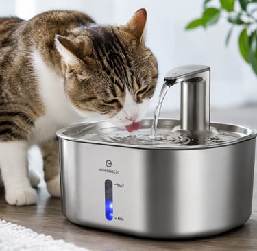 A tabby cat drinks from a stainless steel automatic pet water fountain with a faucet-style dispenser.