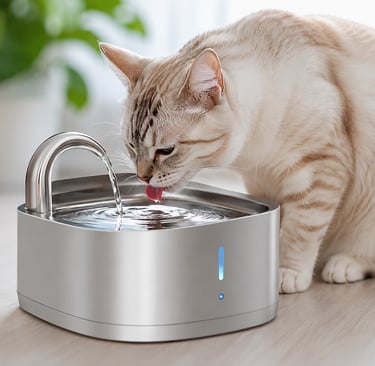 Cat drinking fresh filtered water from a smart stainless steel pet fountain that promotes healthy hydration.