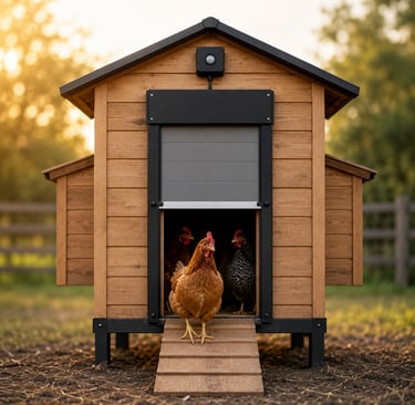 A brown chicken standing on a wooden ramp of a modern automatic chicken coop with a solar sensor.