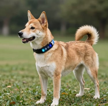 A Shiba Inu dog wearing a black LED glowing GPS tracking collar in a grassy park.