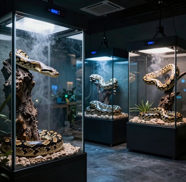 Large python snakes resting on driftwood inside misted glass terrariums with specialized lighting.