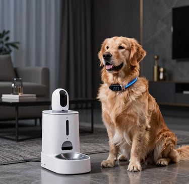 Golden Retriever sitting next to a smart automatic pet feeder with a built-in camera in a modern living room.