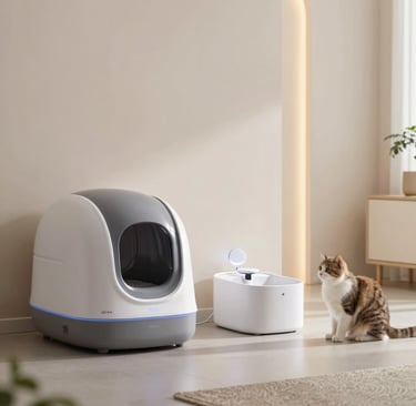 Automatic self-cleaning cat litter box and water fountain with a cat in a modern home.
