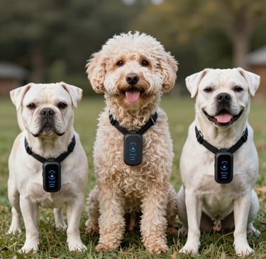 Three dogs sitting in a park wearing black GPS tracking collars for pet safety.