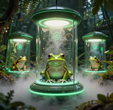 Futuristic green frogs inside glowing glass laboratory capsules in a misty rainforest setting.