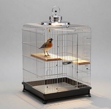A small orange and grey bird sits on a wooden perch inside a silver wire bird cage with a warm overhead light.