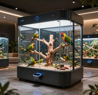Modern high-tech bird enclosure featuring colorful parrots on a wooden branch inside a glass smart cage.