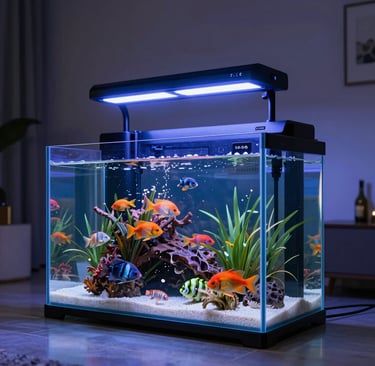 Modern glass fish tank with blue LED lighting, colorful tropical fish, and green aquatic plants.