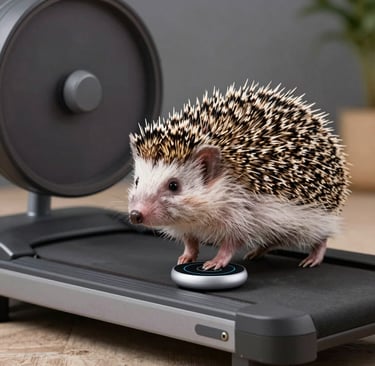 a  hedgehog exercising at night with a smart pet fitness device