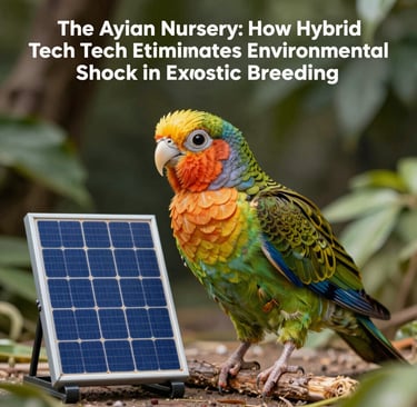 Exotic parrot beside a solar panel, symbolizing solar-powered climate control technology for advanced avian breeding.