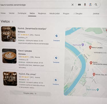 Google Ads rezultatai Kauno kavinės paieškoje Senamiestyje