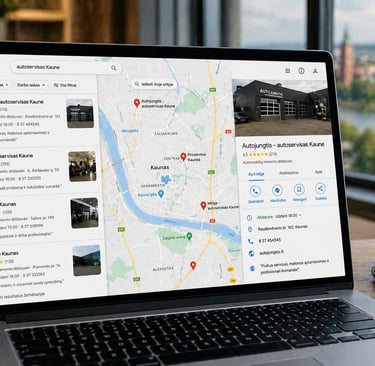 Google Maps su Kauno verslo vietomis ir optimizuotais Google Business Profile pavyzdžiais