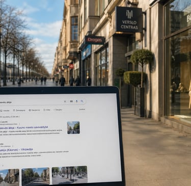 Kauno Laisvės alėja su verslo vitrinomis ir Google paieškos rezultatais fone