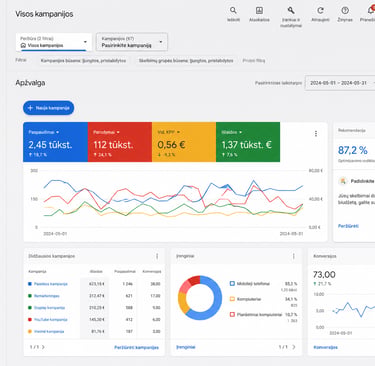 Marketingo agentūra Kaune – Google reklamos dashboard screenshot