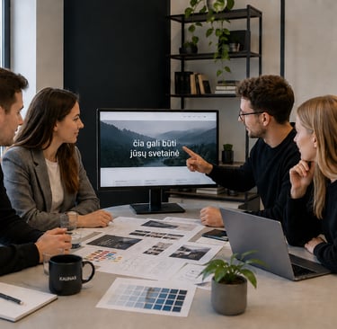 Marketingo agentūros Kaune komanda aptaria svetainės dizainą šiuolaikiniame biure