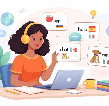 Illustration of a woman studying language flashcards at her desk. Floating flashcards, representing modern microlearning.