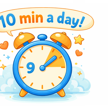 Simple cartoon-style illustration of a blue alarm clock with orange bells, showing a short time interval