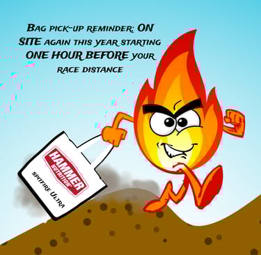 Hammer Nutrition Ultra Trail race Sponsor, bag pick up, mascot running with bag, Flame dude Asher, Bad Ash