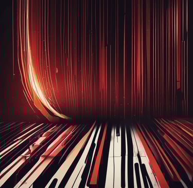 Close-up of hands playing a grand piano under soft, moody lighting.