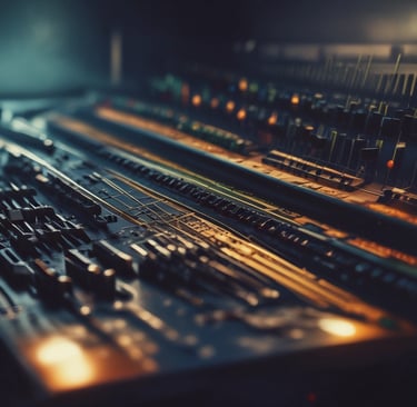 A widescreen shot of a film scoring session with musicians and conductor in a darkened studio.