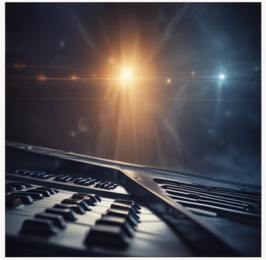 A dimly lit recording studio with vintage instruments and modern mixing equipment, evoking a cinematic atmosphere.