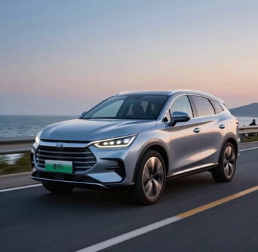 SUV elétrico chinês em movimento em estrada ao entardecer