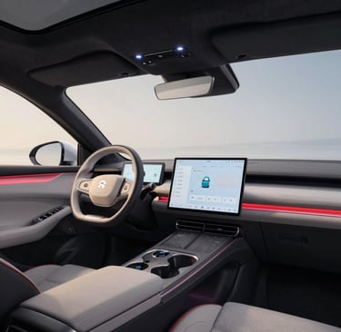 Interior de carro elétrico chinês com tela central, painel digital e iluminação ambiente vermelha