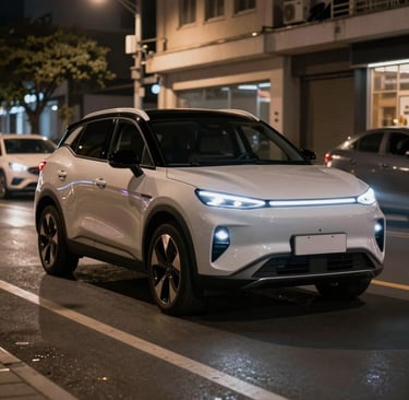 Sleek modern Chinese electric car illuminated under city lights at night