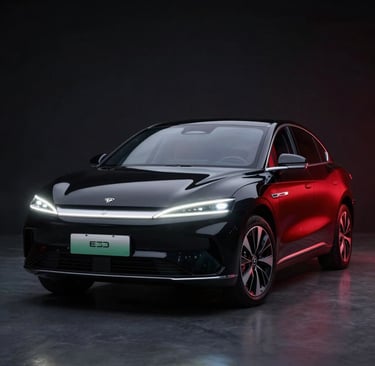 A sleek, futuristic Chinese electric car illuminated under moody dark lighting with subtle red accents.