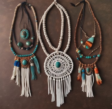 Collares boho de macramé hechos a mano con cuentas turquesa y borlas con flecos sobre un fondo café.