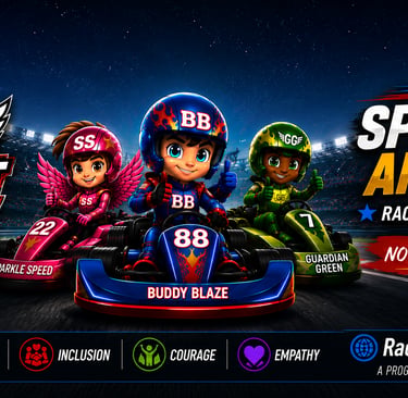 Animated Asphalt Angels go-kart racers Buddy Blaze, Sparkle Speed, and Guardian Green promoting anti-bullying.